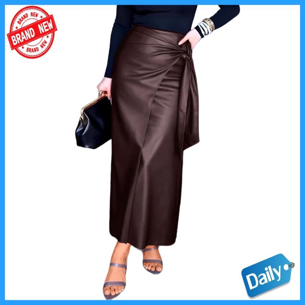 Faux Leather Wrap Pencil Skirt High Waist Side Slit Work Office